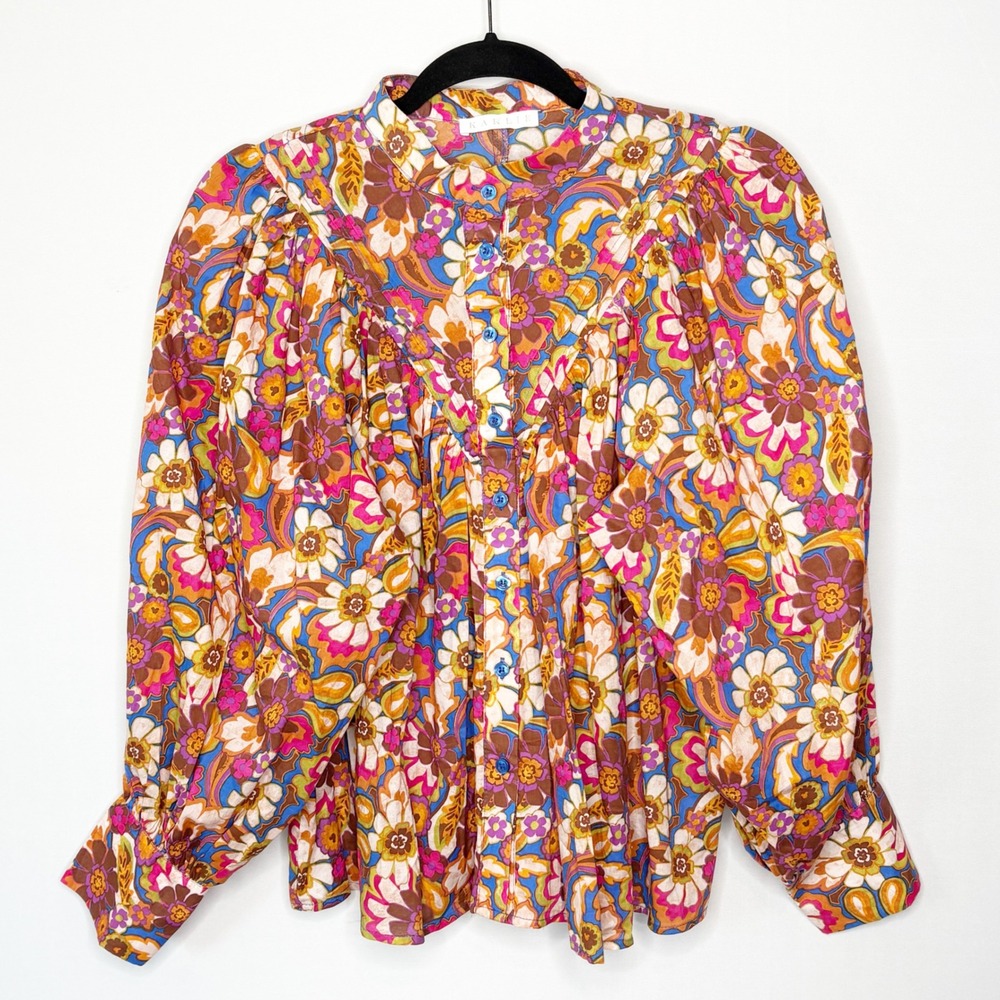 Karlie Floral Paisley Puff Sleeve Button Down Blouse Blue Pink Size Large